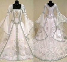 Medieval Vintage Wedding dresses Bell Long Sleeve Square Floral Pearls Lace-up