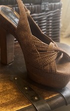 Marni Brown Cream Textured Fabric Wood Platform Heel Vintage Beautiful Sz6