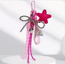 5 PCS Star PU Leather Keychain Bead Silver Bow Knot Rope Hanging Bag Charm Pink