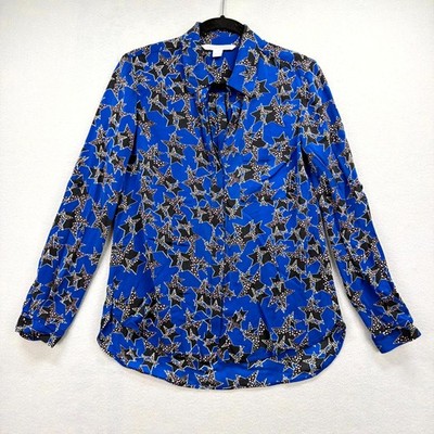 Diane von Furstenberg Shirt Womens 6 Blue Black Star Pattern Blouse Buttonton Up