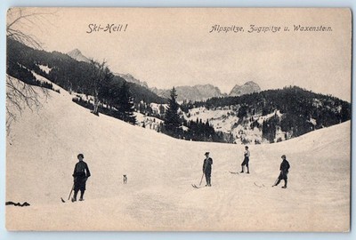 Germany Postcard Alpspitze Zugspitze and Waxenstein Ski-Heil c1905 Antique