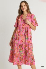 Umgee Hot Pink Multi Floral Midi Dress w/ Split Neck Short Balloon Sleeves