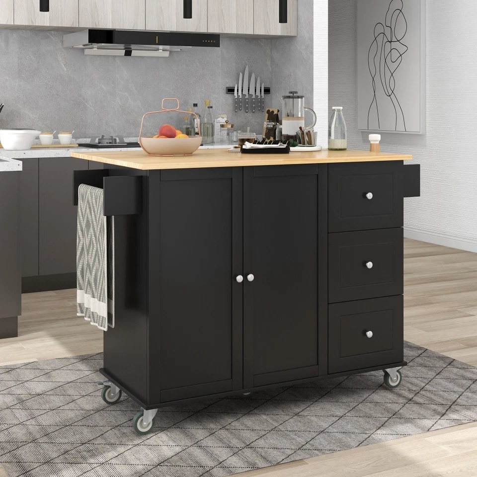 Rolling Kitchen Island Solid Wood Top Locking Wheels 52 Inch Drop Leaf Storage - Image 3 of 4