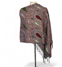 Purple Green Paisley Print Pashmina Scarf Shawl Blanket Wrap Fringe Boho
