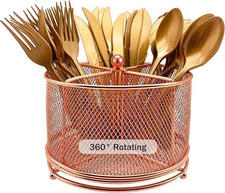 360 Rotating Metal Utensil Caddy - 4 Compartment Silverware Cutlery Holder Fork