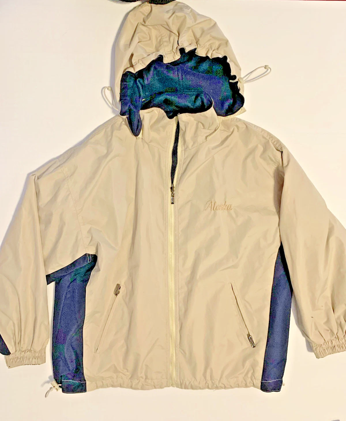 Alaska Jacket Men's Large Beige/Navy Reversible Hooded Fleece Lined Santco Zip