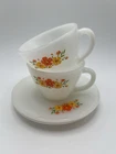 Vintage Fire King Milk Glass Daisy Orange Flower Tea Cup & Saucer Set Of 2 Rare