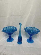 Fenton Blue Glass Ruffled Compotes & Swung Vase Set