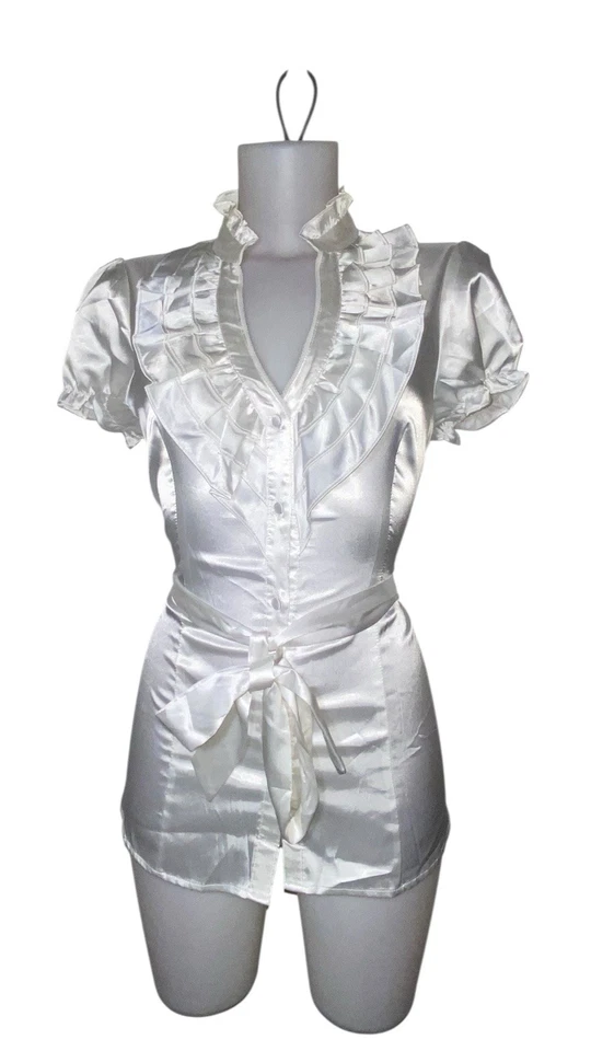 Top Y2k Años 90 Mujer Estilo Victoriano Marfil Satinado Volantes Gótico Grunge Bruja Talla L Foto 2 de 4