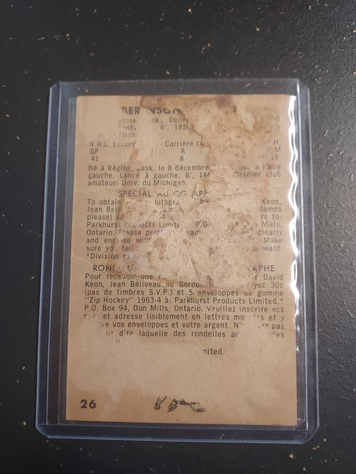 1963-64 Parkhurst - Red Berenson #26 (RC) - Image 2 of 2