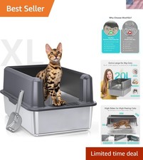 Large Enclosed Stainless Steel Cat Litter Box with Lid - Easy Maintenance