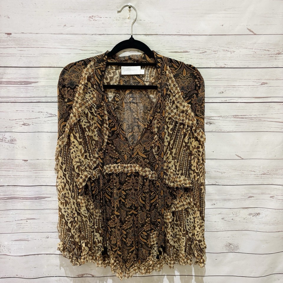 ZIMMERMANN Top Blouse 100% Silk Size 1 (AU 10) Tali Batik Paisley Semi Sheer