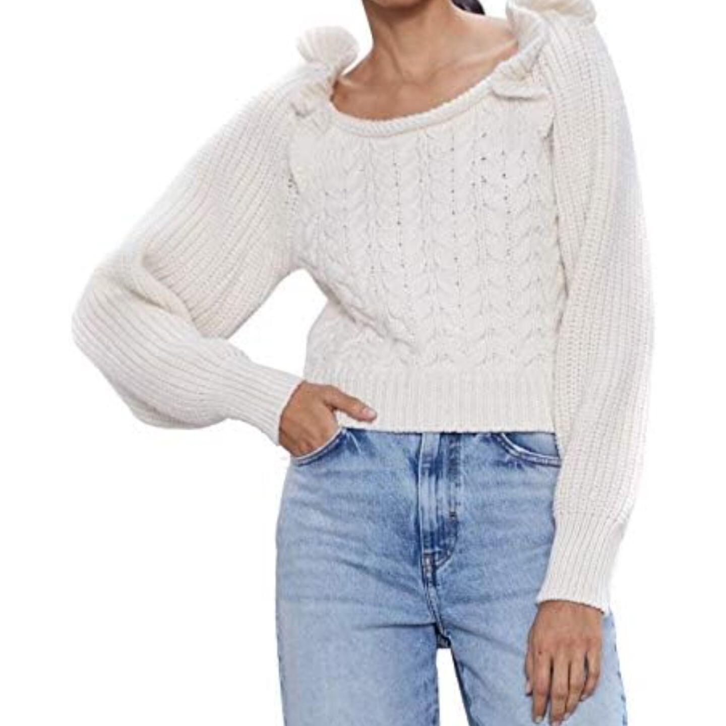 Zara Chunky Cable Knit Sweater Large Ruffle Ivory White Cropped Balloon Sleeve