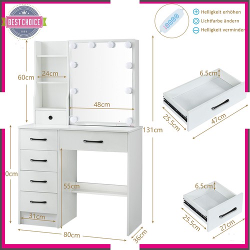 6 Drawers Dressing Table Stool Set Makeup LED Mirror Vanity Desk 10 Bulbs White - Picture 2 of 10