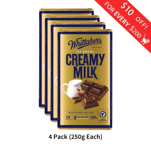 Whittaker's Creamy Milk Chocolate Block 250g (Pack of 4) （Made in New Zealand）