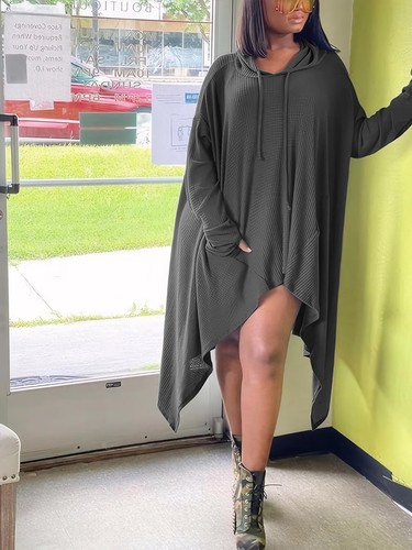 Hooded Women's LOOSE Solid Dress Ladies Casual Long Sleeve Party Midi Dresses - Picture 16 of 16