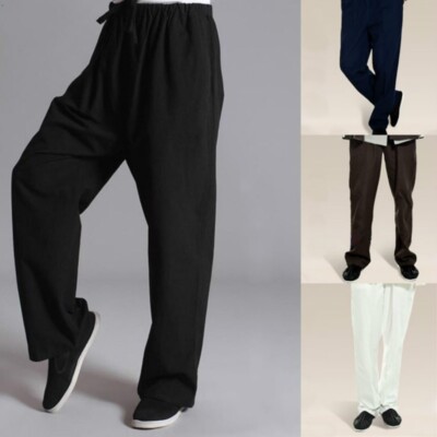Herren Tai Chi Hose Kung Fu Baumwollhose Kampfsport Sport Lose Shaolin Schwarz