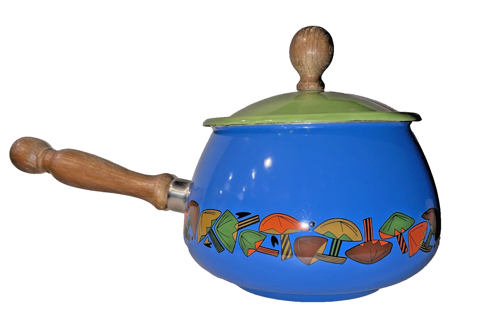Mid Century Porcelain Enamel Fondue Set Mushrooms Blue and Green SEE Description