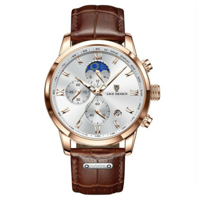 LIGE Men Watch Roman Numerals Dial Wristwatch Male Chronograph Leather Watches