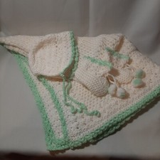 Handmade Crocheted Baby Afghan With Matching Booties  Bonnet/Hat White and Mint