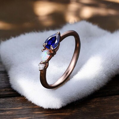14k Rose Gold 7x5 MM Pear Cut Lab Created Blue Sapphire Opal Ring Cubic  Zirconia
