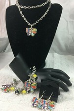 Cute Butterfly Charm Bracelet Necklace Drop Pierced Earrings Party Jewelry Set