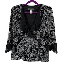 Alex Evenings Jacket Women  s Size L Black  Silver Metallic Sparkle Ruffle