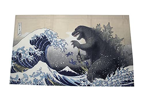 Folcart Godzilla Noren Door Curtain Ukiyo-e Hokusai Mt.Fuji Unbleached Cotton