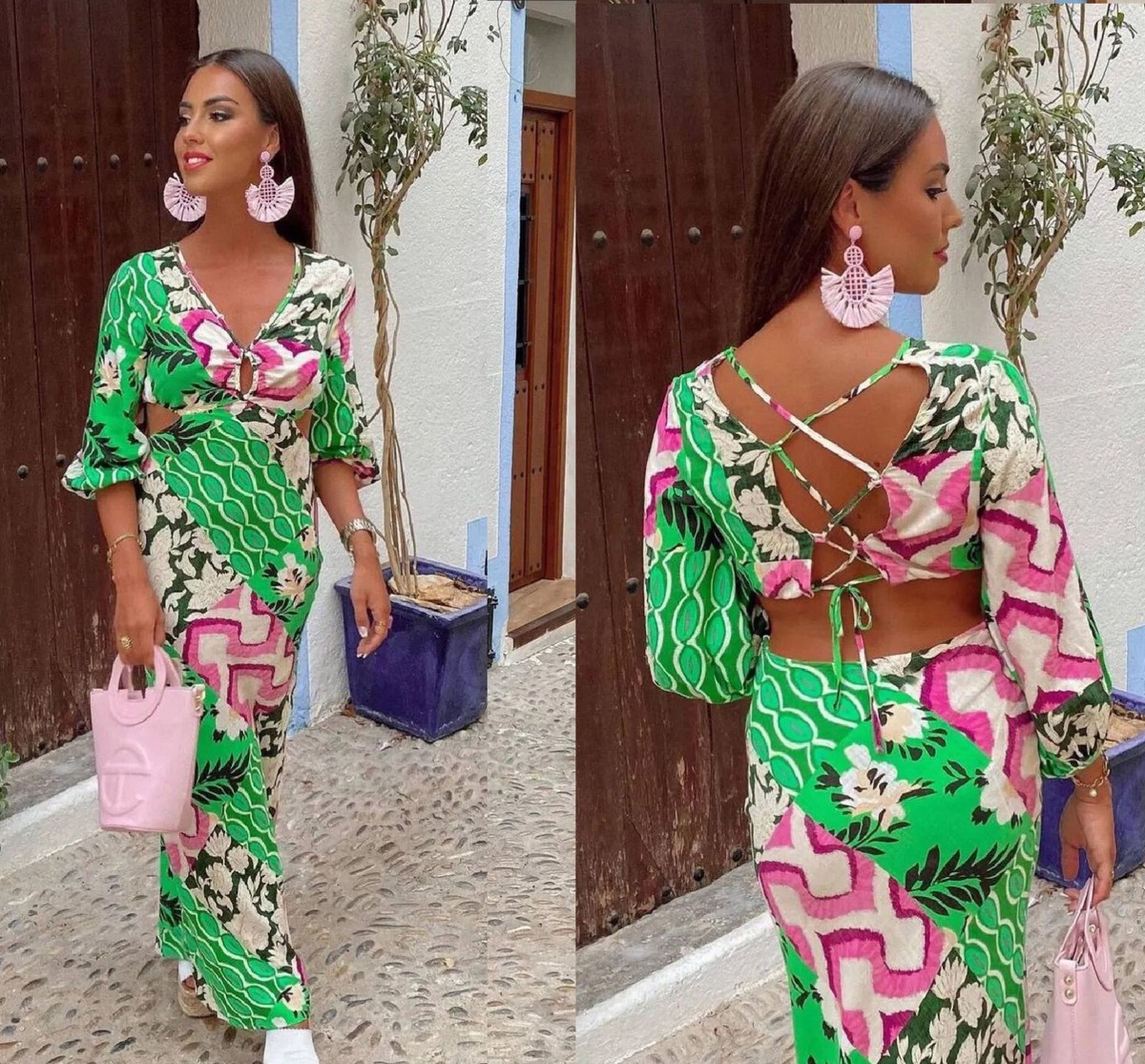 ZARA Green Pink White Linen Cut Out Open Back Long Maxi Dress size