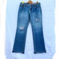 TOMMY HILFIGER Y2K LOW RISE STAR PATCH FLARE RAW HEM JEANS BLUE WASH SIZE 11