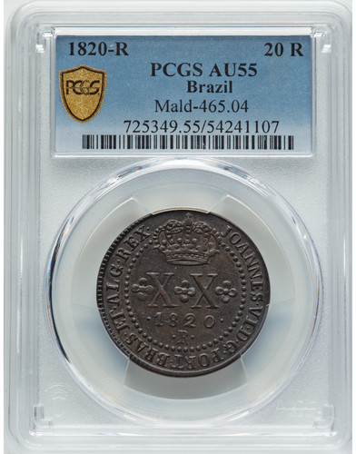 1820-R Brazil 20 Reis PCGS AU55