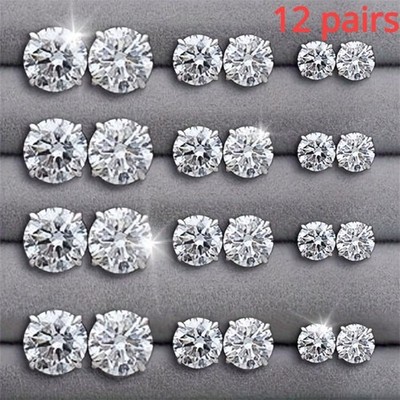 12 Paar Edelstahl Silber Ohrstecker Set CZ Rund Kristall Herren Damen Kind
