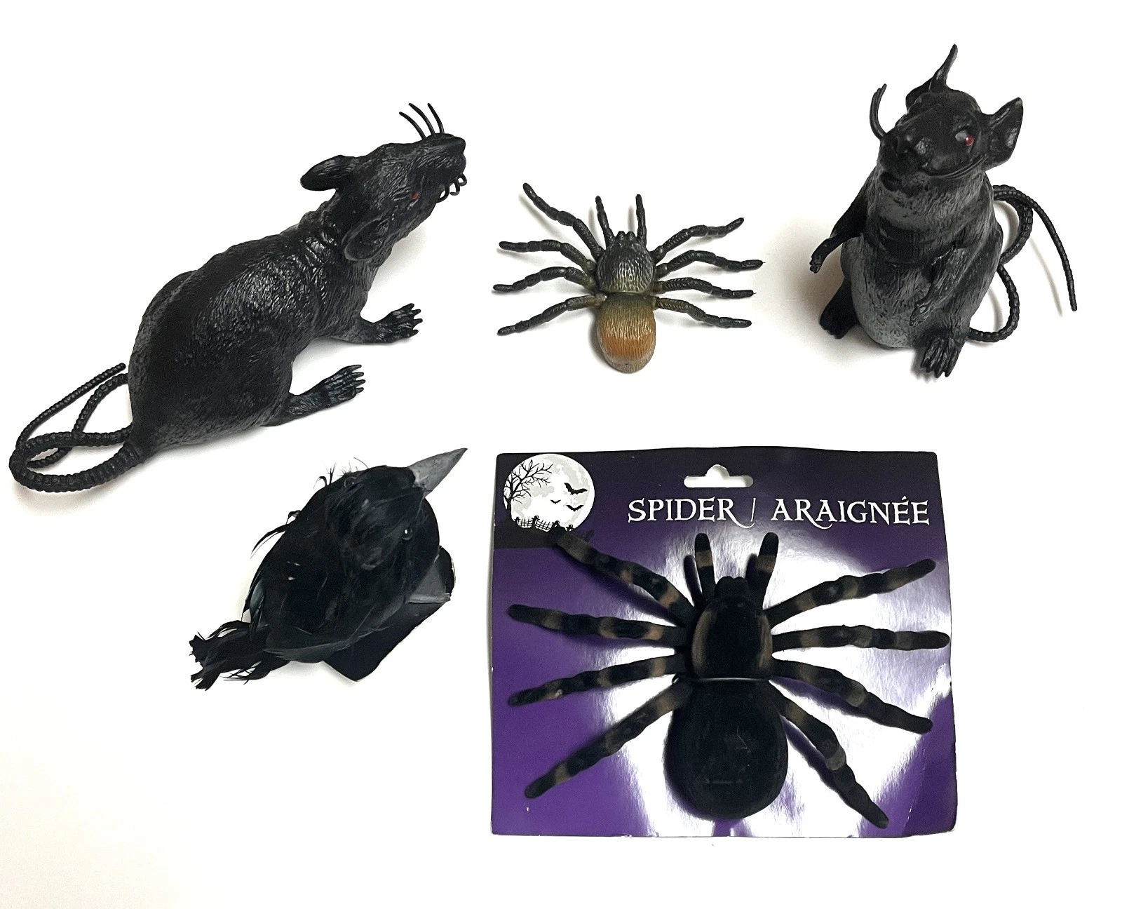 Halloween Creature Decorations Lot- 2 Squeaky Rats, 2 Spiders, 1 Small Raven