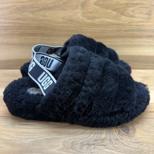 UGG Fluff Yeah Shearling Fur Slingback Slippers Womens 8 Black Sherpa Platform