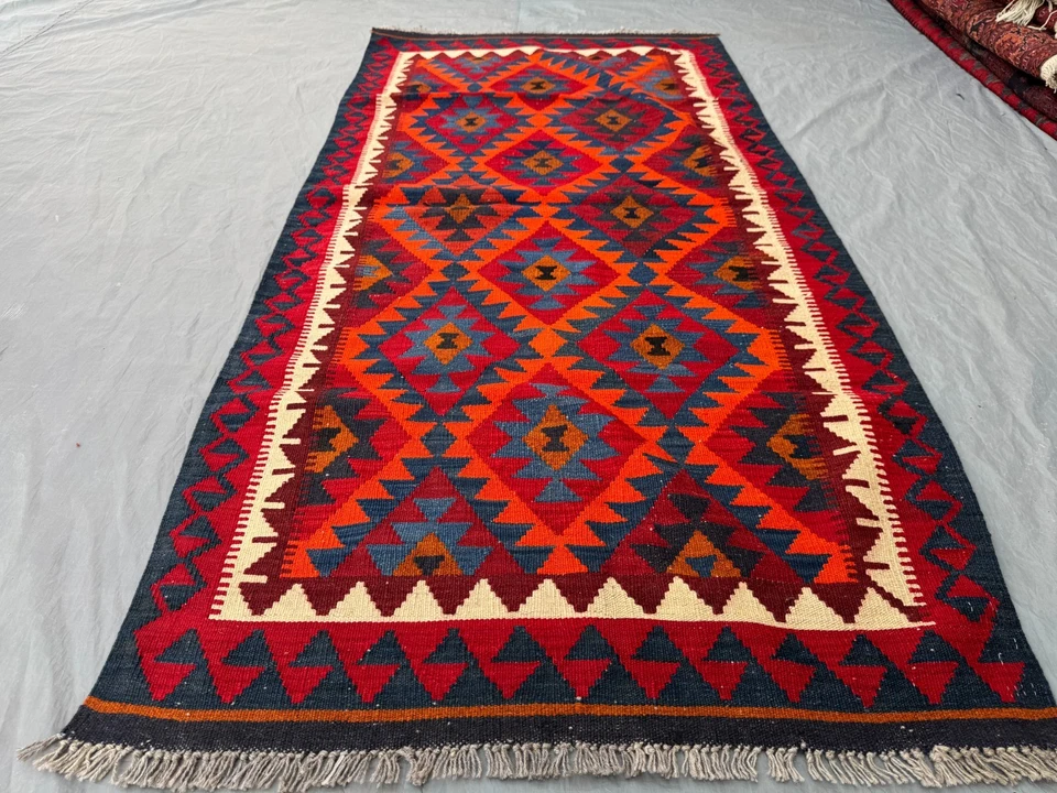 3x6 Vibrant Afghan Tribal Kilim – Bold Red & Blue Diamond Geometry – Handwoven - Image 3 of 4