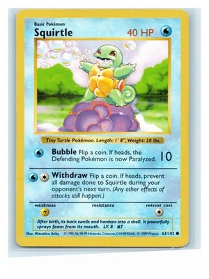 Squirtle Unlimited 063/102 Common 1999 Base Set (Shadowless) HP