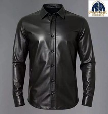 Men's Black Sheep Leather Shirt  Slim Fit Button-Up Biker Style Leather Shirt