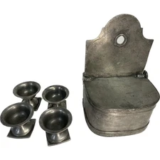 Pewter Wall Mounted Salt Box and Four (4) Pewter Open Salts Antique Salt Cellars