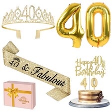 40th Birthday Decorations Women Gold with Sash and Tiara, Cake Topper and Can...