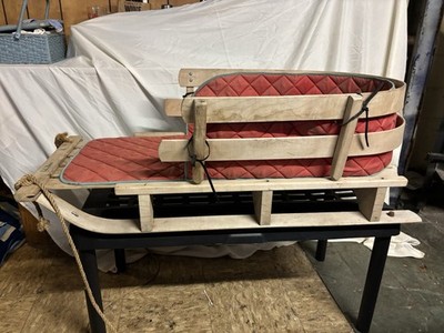 L.L.Bean Wood Sled Toboggan w/ Red Cushioned Seat & Pull Rope, Tan/Red