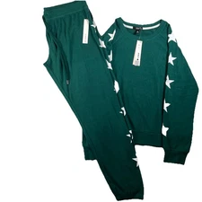 AQUA Sleep Lounge Long Sleeve Star Print Pajama Set XL Pine Green $88