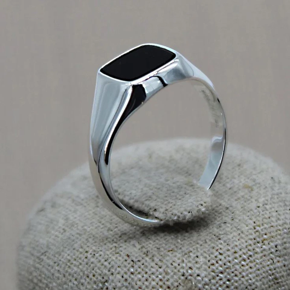 Bague Chevalière Argent 925 Onyx Noir Carré – Homme/Femme Tailles 50–70 Écrin - Photo 3/4