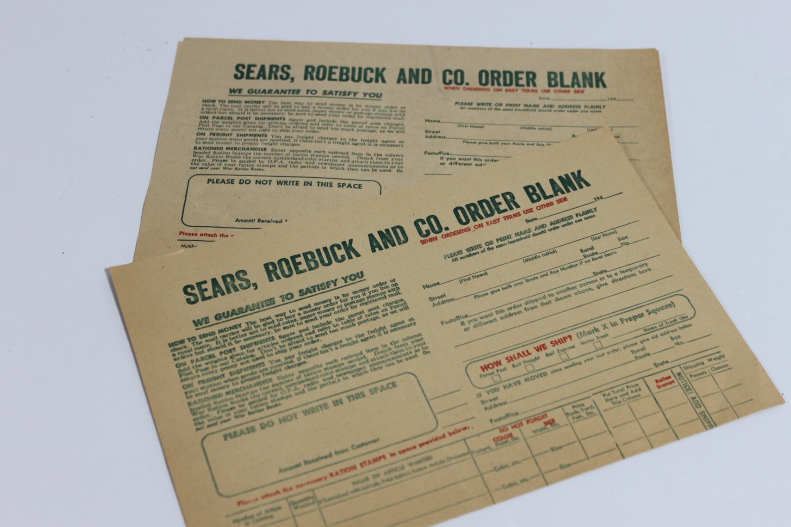 VTG Lot of 2  Sears Roebuck & Co. Order Blank Form 1940s Collectible Ephemera