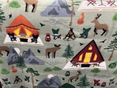 Camping Tent Moose Deer Camp Fire Fleece Fabric, 60  Wide, Sold By The Yard