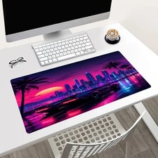 Neon City Sunset Car Gaming Mouse Pad 24x14in Large Desk Mat Synthwave Decor