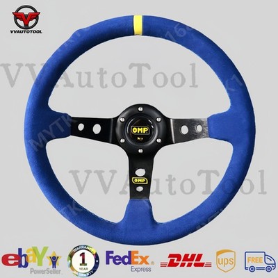 OMP 350mm 14' Suede Leather Deep cone 9cm Blue bracket Racing Steering Wheel