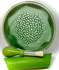 , All-in-one Premium Ceramic Garlic Grater Plate 4-Piece Set - Green Glazed D...