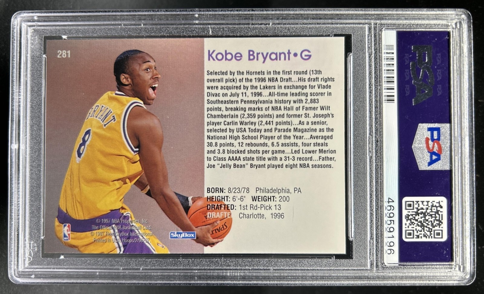 1996-97 Hoops Kobe Bryant Rookie RC #281 Lakers PSA 9 view 2