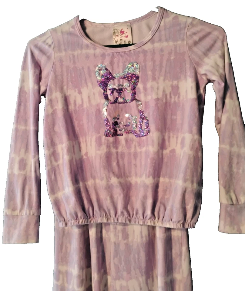 Jenna & Jessie Girls Sz 8 Pajamas 2-piece Set Purple Tie Dye Sequin Frenchie Dog - Image 2 of 4