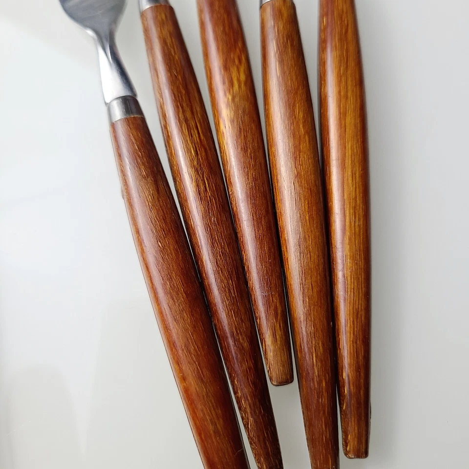 Vtg Teak Wood Handles MCM Dutch Holland Stainless Pastry Fork Salad Forks Set 5 - Image 3 of 4